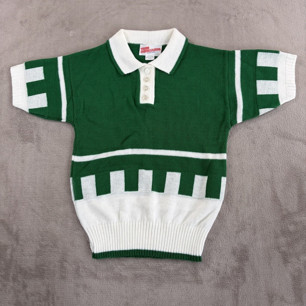 Vintage Young Cheerleaders Polo Sweater in Green White Women Medium Made in USA